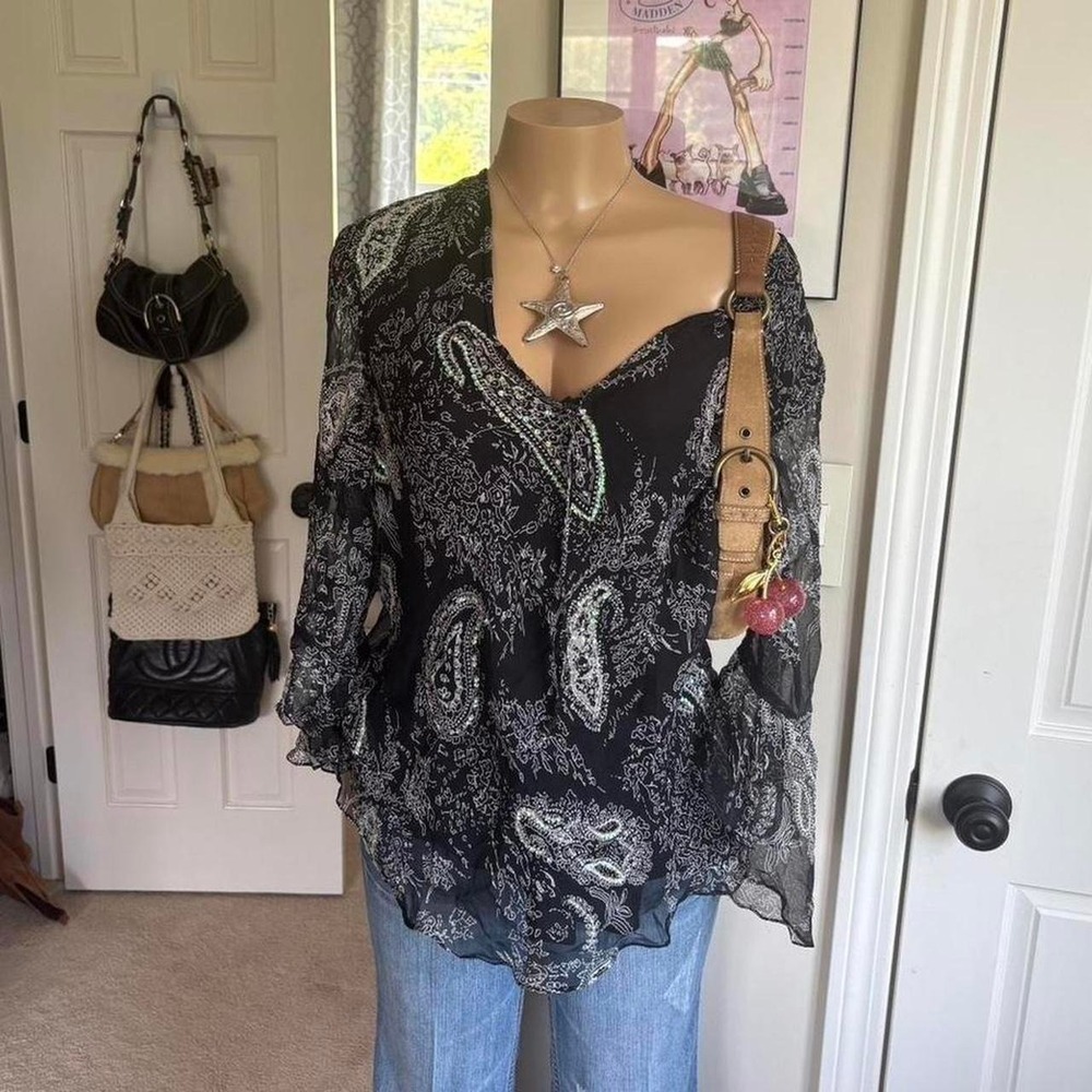 Dress Barn Black Paisley Sheer V-Neck Blouse